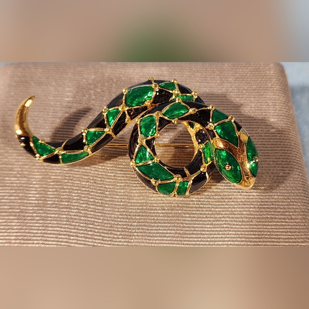 Luxurious Green, Black and Gold Enamel Snake Brooch
